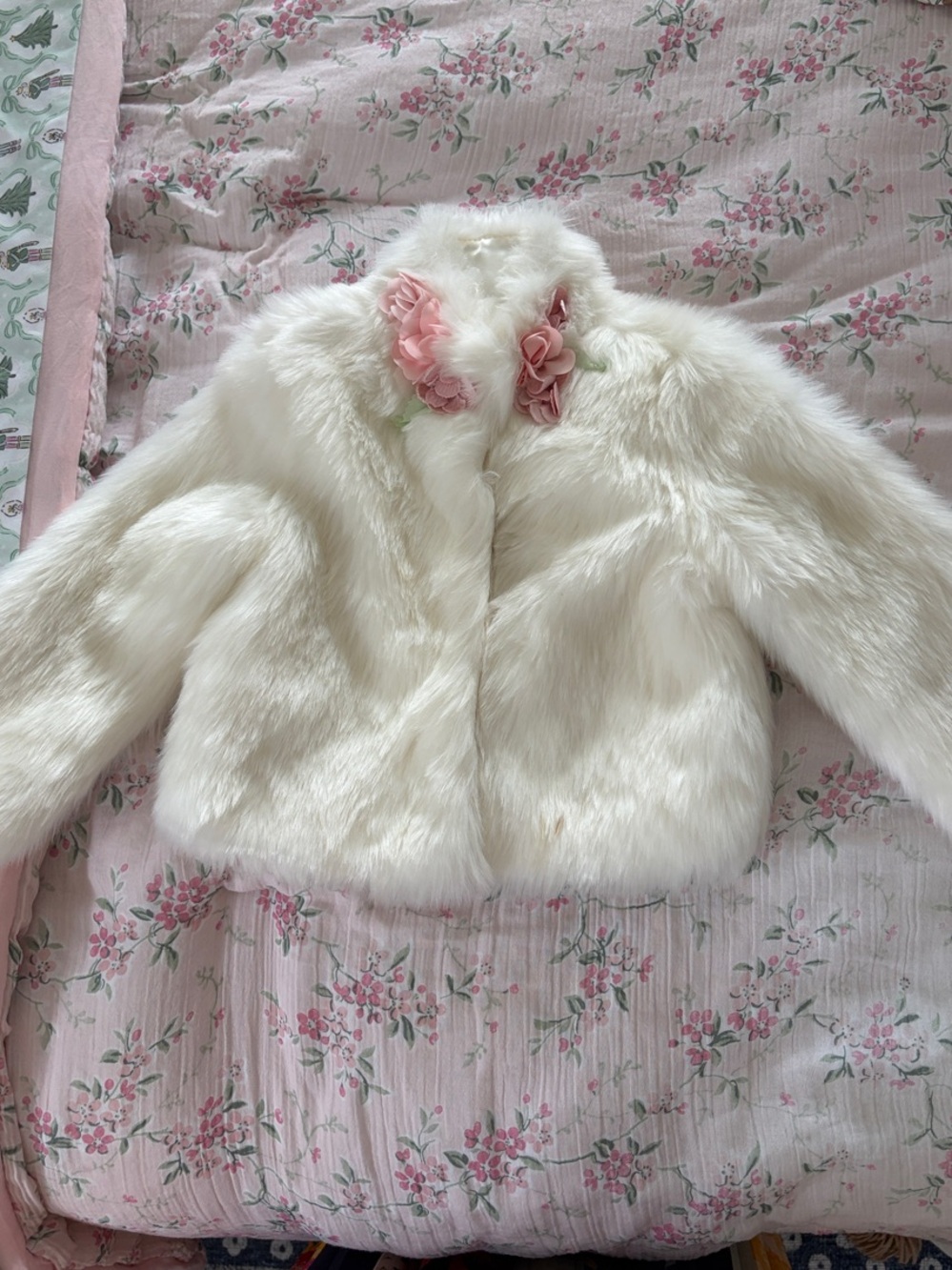 Kate Mack Cream Faux Fur Jacket with Pink Rose Trim - Kate Mack